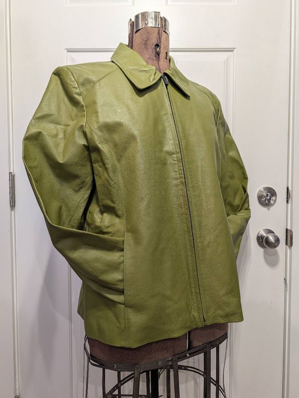 Worthington Genuine Leather Jacket Womens XL Bud Green Olive Zip Front Fall Coat